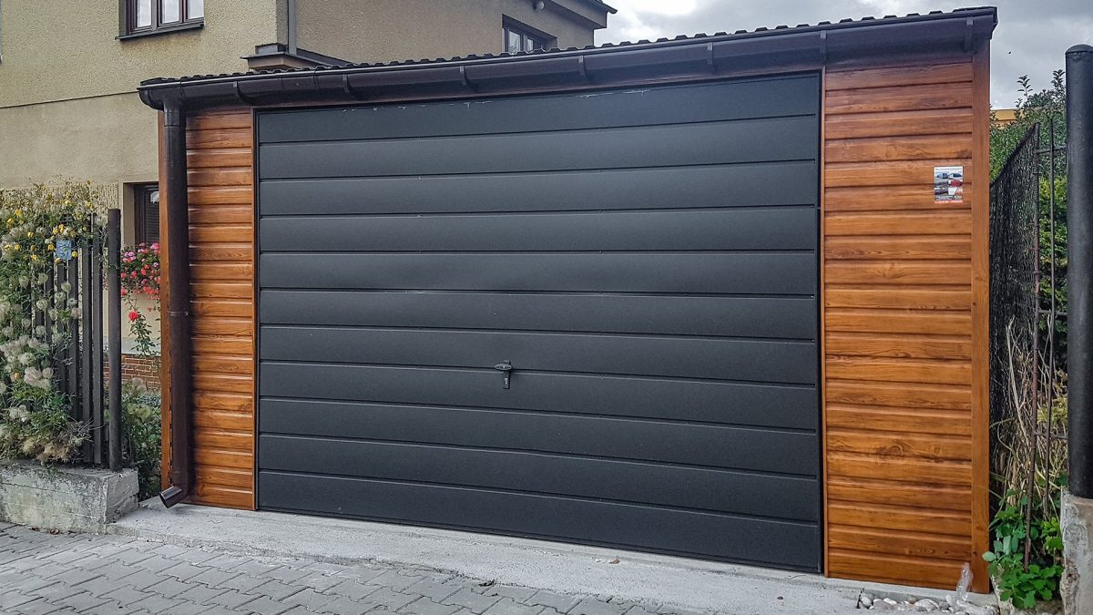 Plechová garáž 4x6m - zlatý dub/grafit