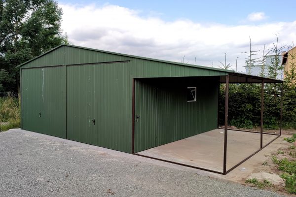 Plechová garáž 6x6 m + prístrešok 2,5x6 m - tmavo zelená matná