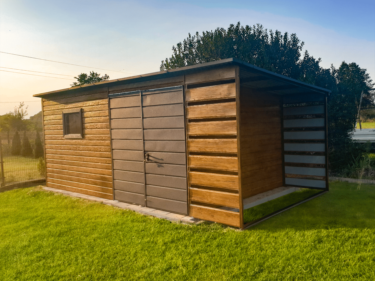 4 1 - Záhradný domček 5×3 m + prístrešok 1x3 m – Zlatý dub/grafit tmavý matný